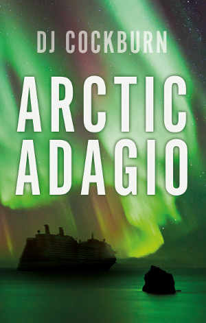 Book cover, with ship in front of the Northern Lights